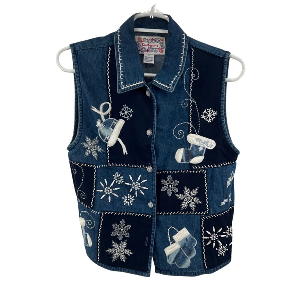 Tantrums S denim vest winter holiday snowflake mittens embroidered patchwork - Picture 1 of 8